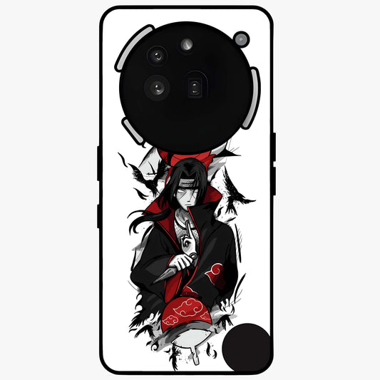 Itachi Sharingan Glass Case showing flat back view with powerful anime eye artwork and glossy glass finish.