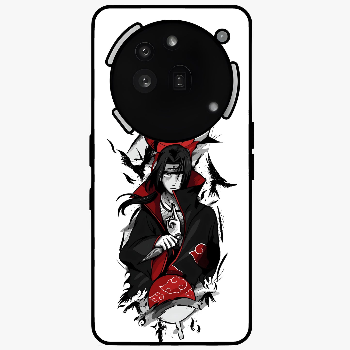 Itachi Sharingan Glass Case showing flat back view with powerful anime eye artwork and glossy glass finish.