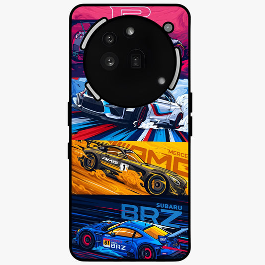 JDM Sports Car Glass Case showing flat back view with high performance sports car artwork and glossy glass finish.
