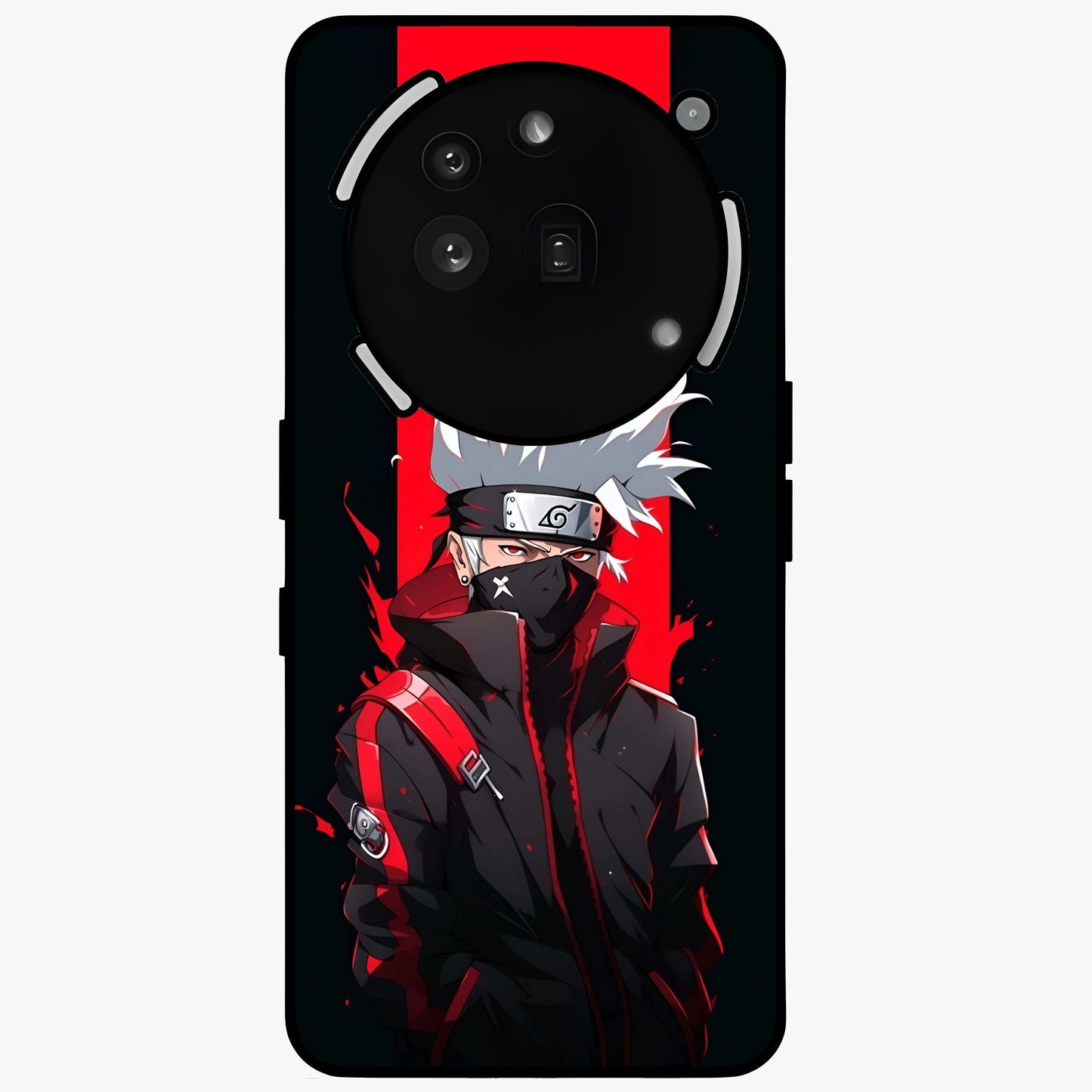 Kakashi Scarlet Shadow Glass Case showing flat back view with powerful anime ninja artwork and glossy glass finish.