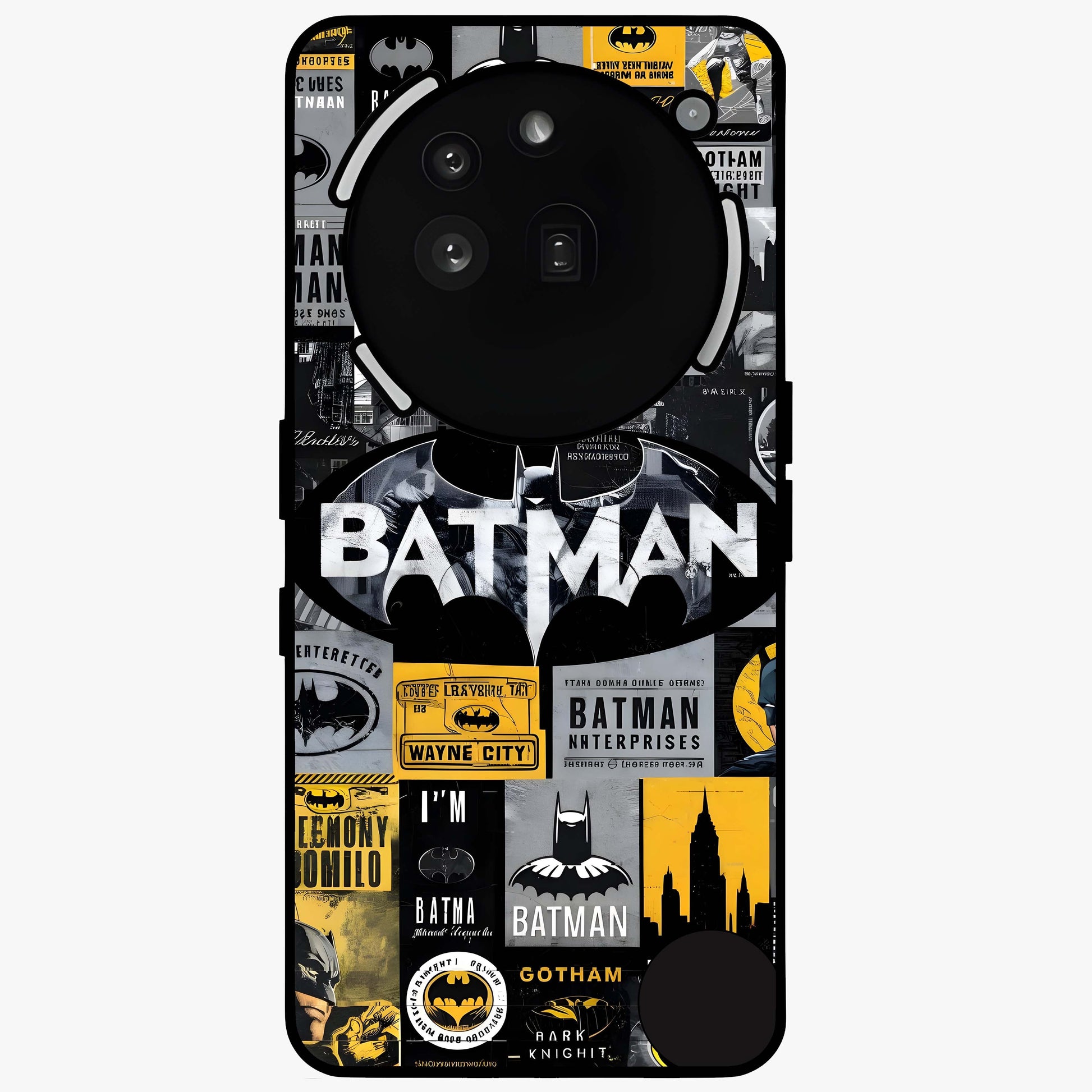 Knight Gotham Rise Glass Case showing flat back view with dark hero inspired artwork and glossy glass finish.