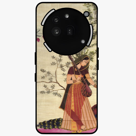 Lady With Veena Art Glass Case showing flat back view with elegant woman playing veena artwork and glossy glass finish.
