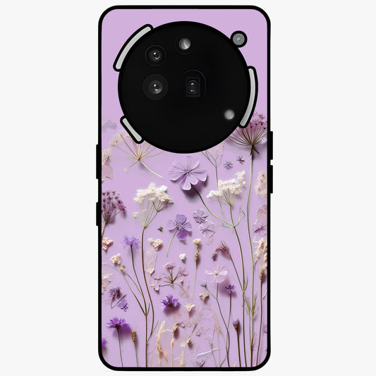 Lavender Blossom Dream Glass Case showing flat back view with soft lavender floral artwork and glossy glass finish.