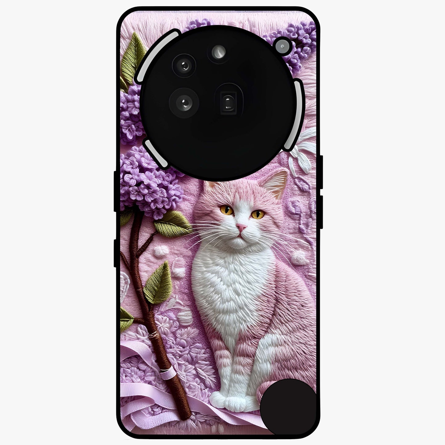 Lavender Cat Whimsy Glass Case showing flat back view with cute lavender cat artwork and glossy glass finish.