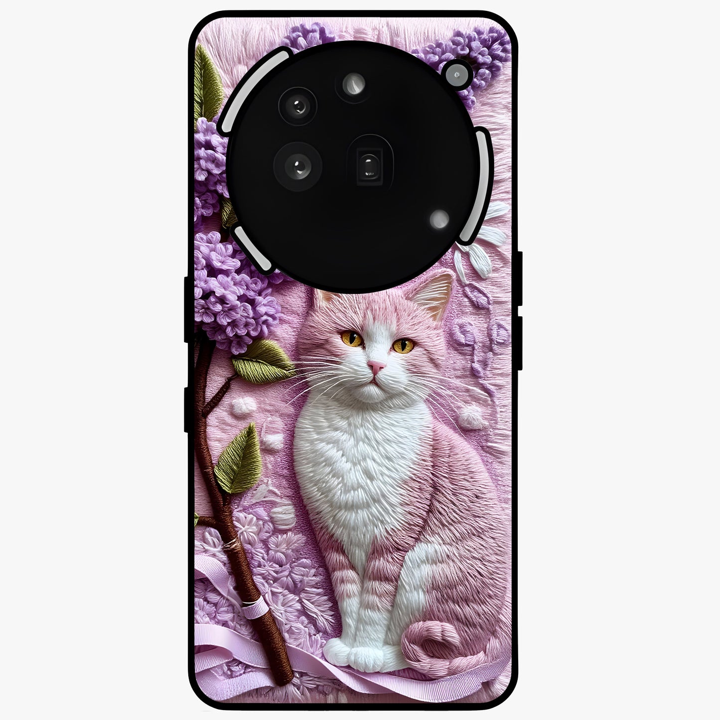 Lavender Cat Whimsy Glass Case showing flat back view with cute lavender cat artwork and glossy glass finish.