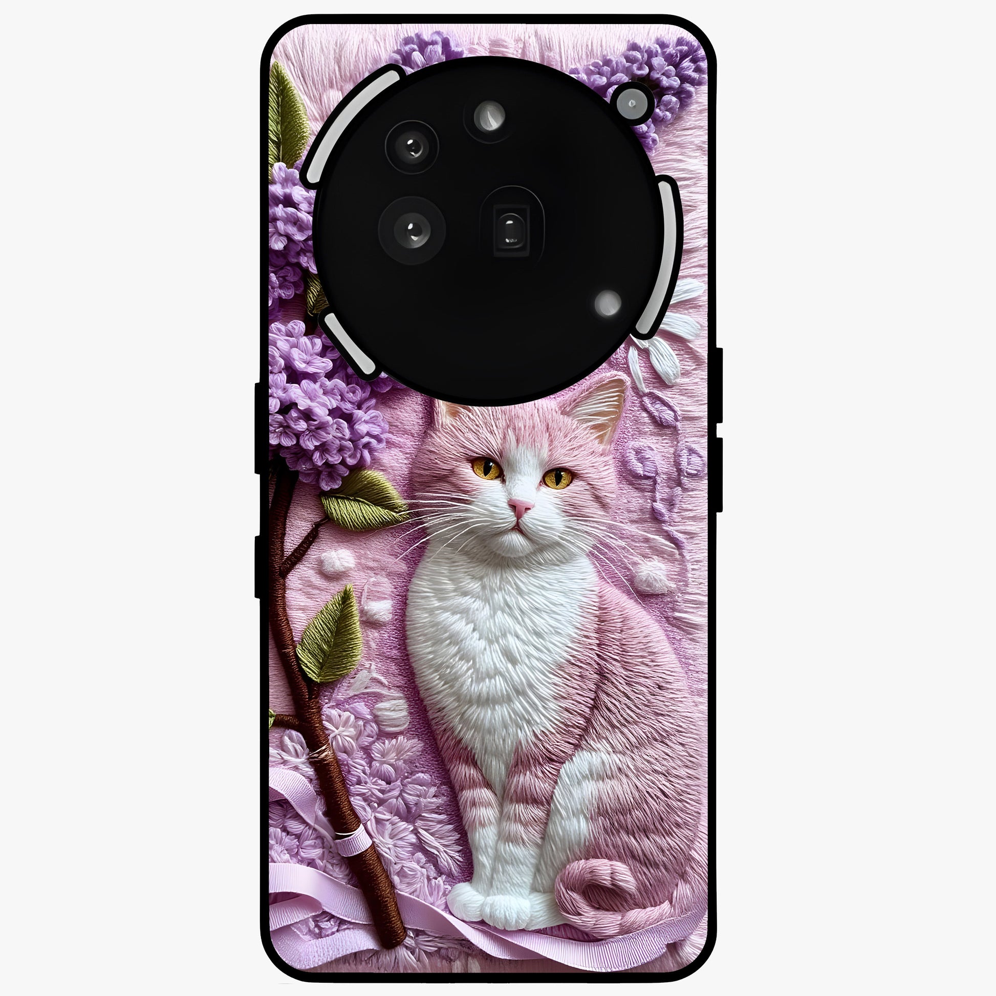 Lavender Cat Whimsy Glass Case showing flat back view with cute lavender cat artwork and glossy glass finish.