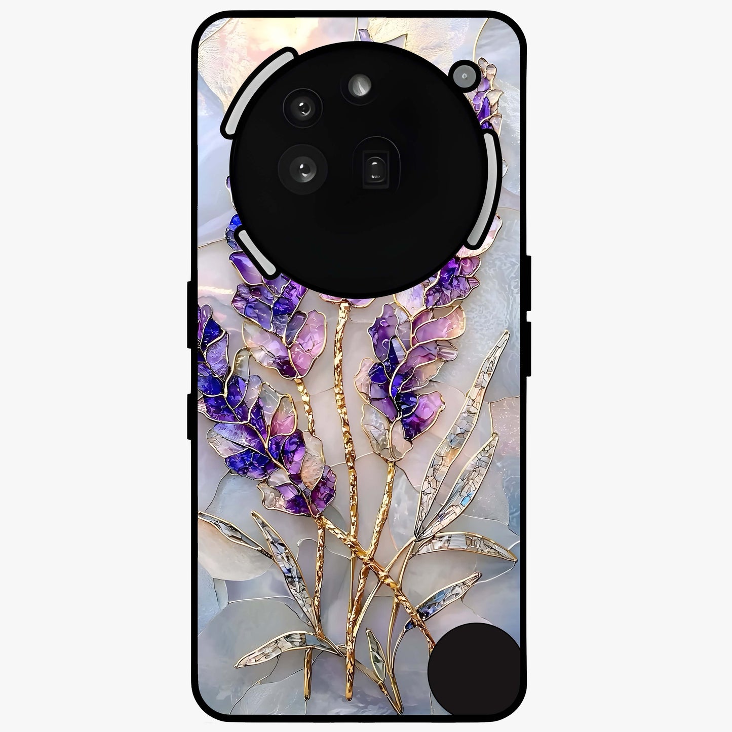 Lavender Dream Glow Glass Case showing flat back view with glowing lavender aesthetic artwork and glossy glass finish.