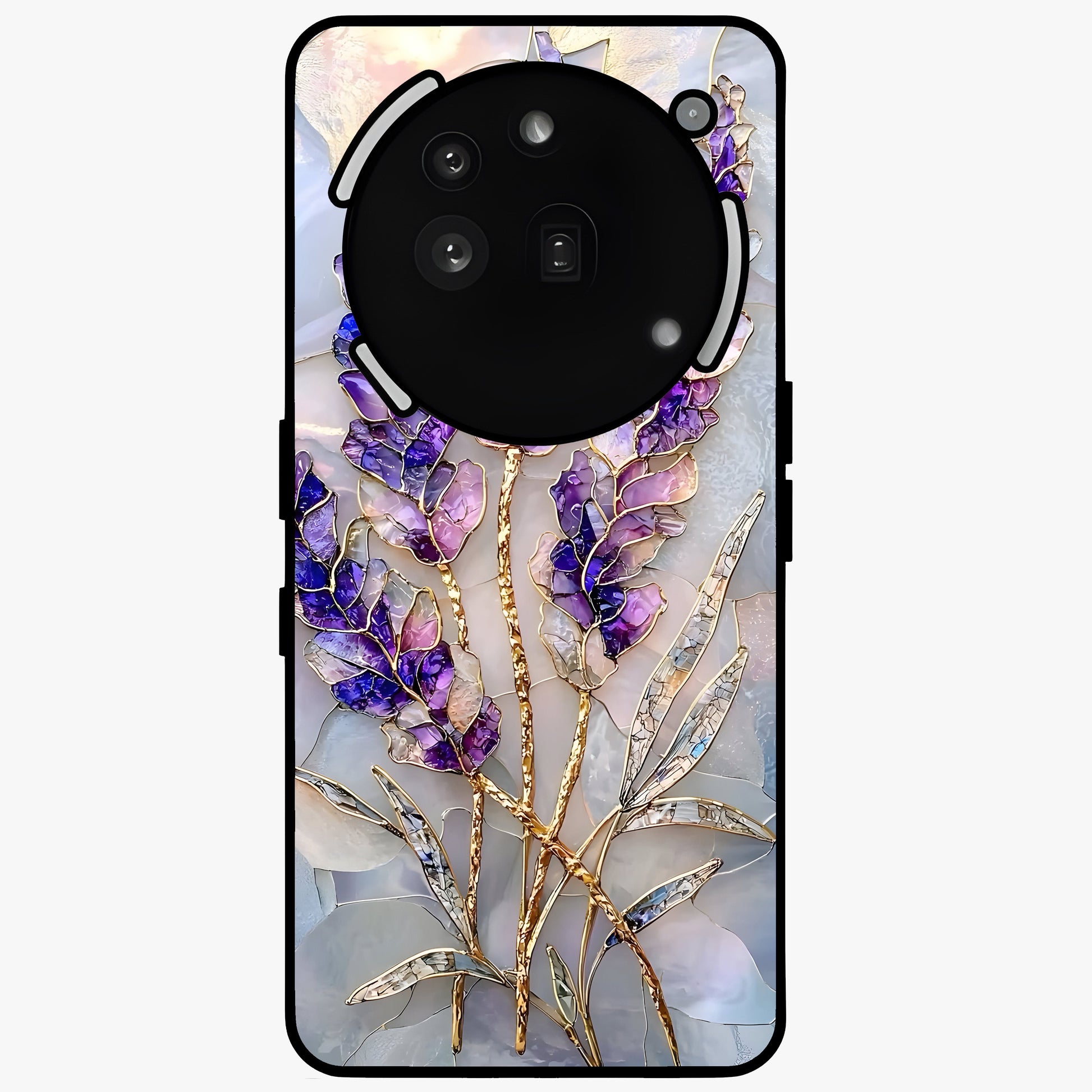 Lavender Dream Glow Glass Case showing flat back view with glowing lavender aesthetic artwork and glossy glass finish.