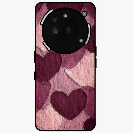 Layered Paper Hearts Glass Case showing flat back view with layered paper heart artwork and glossy glass finish.