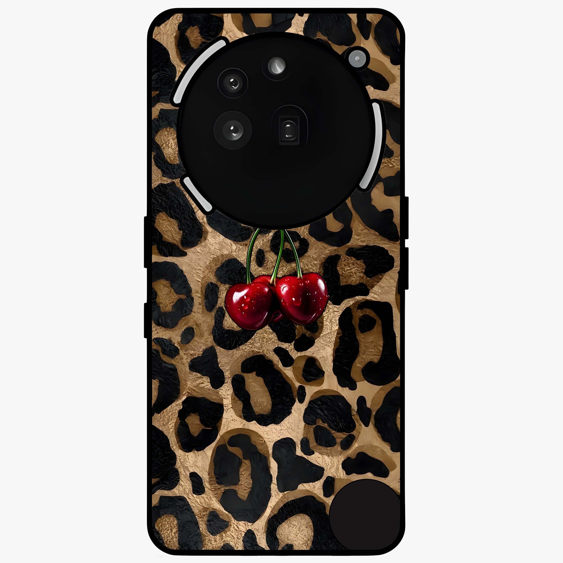 Leopard Wild Cherry Glass Case showing flat back view with leopard pattern and cherry artwork and glossy glass finish.