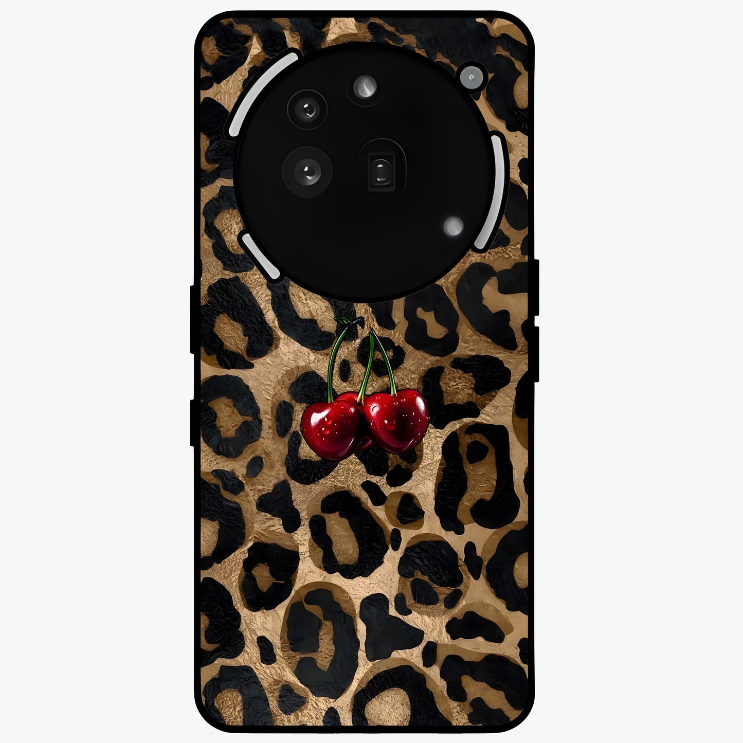 Leopard Wild Cherry Glass Case showing flat back view with leopard pattern and cherry artwork and glossy glass finish.