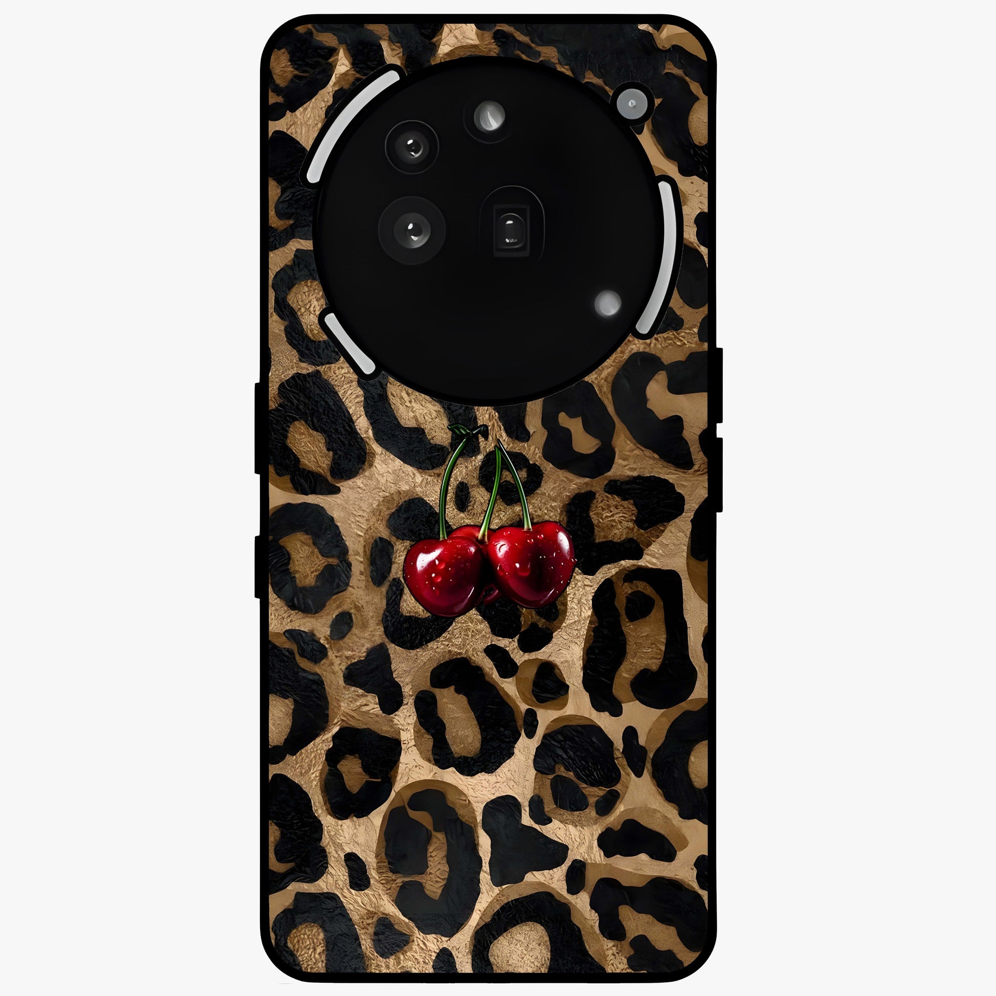 Leopard Wild Cherry Glass Case showing flat back view with leopard pattern and cherry artwork and glossy glass finish.