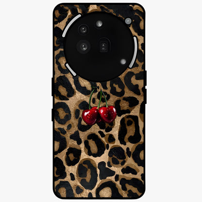 Leopard Wild Cherry Glass Case showing flat back view with leopard pattern and cherry artwork and glossy glass finish.