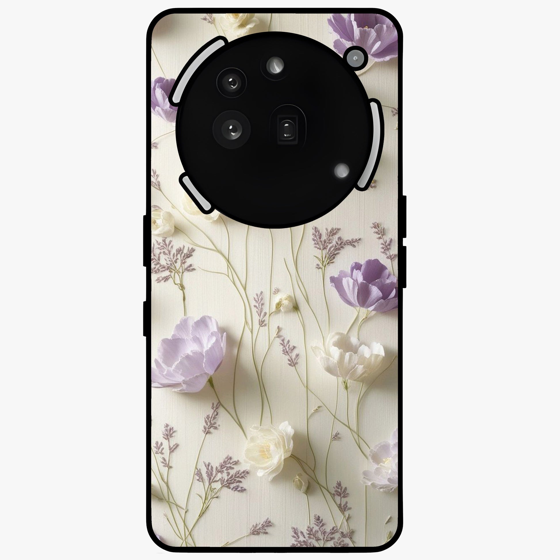 Lilac Breeze Harmony Glass Case showing flat back view with soft lilac themed artwork and glossy glass finish.