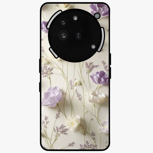 Lilac Breeze Harmony Glass Case showing flat back view with soft lilac themed artwork and glossy glass finish.