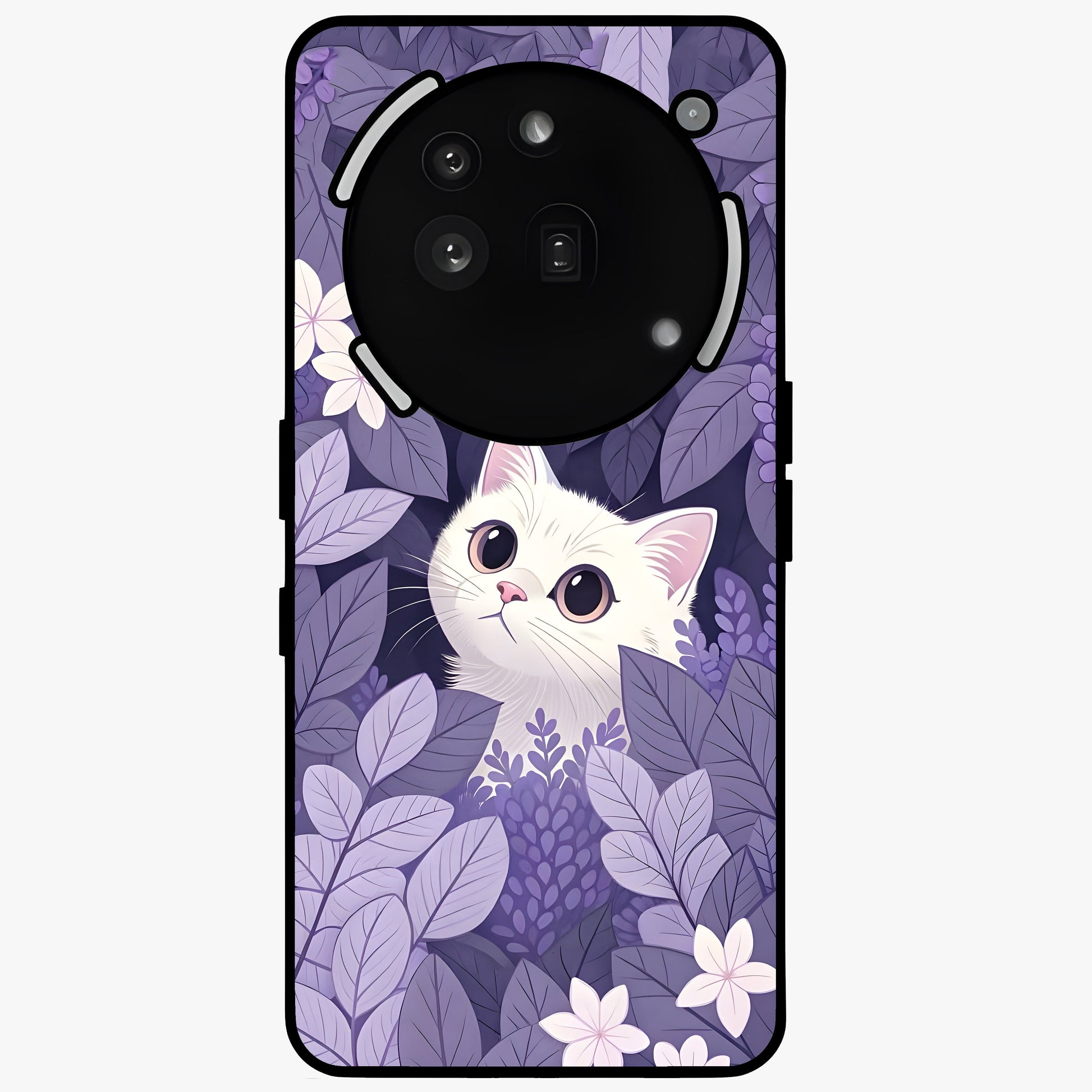 Lilac Hide Peek Cat Glass Case showing flat back view with cute peeking cat artwork and glossy glass finish.