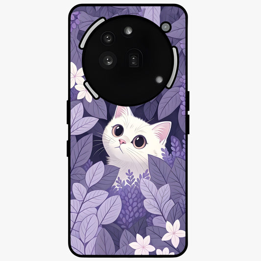 Lilac Hide Peek Cat Glass Case showing flat back view with cute peeking cat artwork and glossy glass finish.