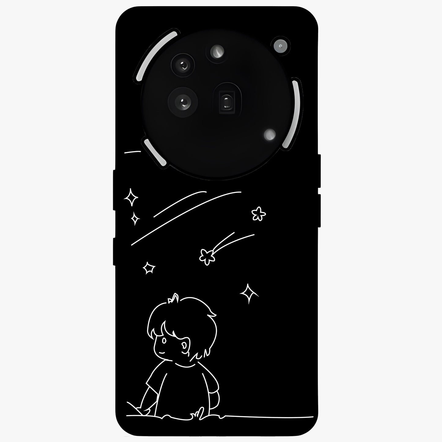 Line Art Boy With Shooting Stars Glass Case showing flat back view with minimal line art boy and shooting stars illustration and glossy glass finish.