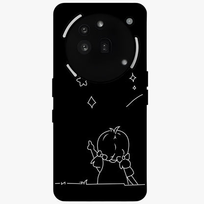 Line Art Girl With Shooting Stars Glass Case showing flat back view with minimal line art girl and shooting stars illustration and glossy glass finish.