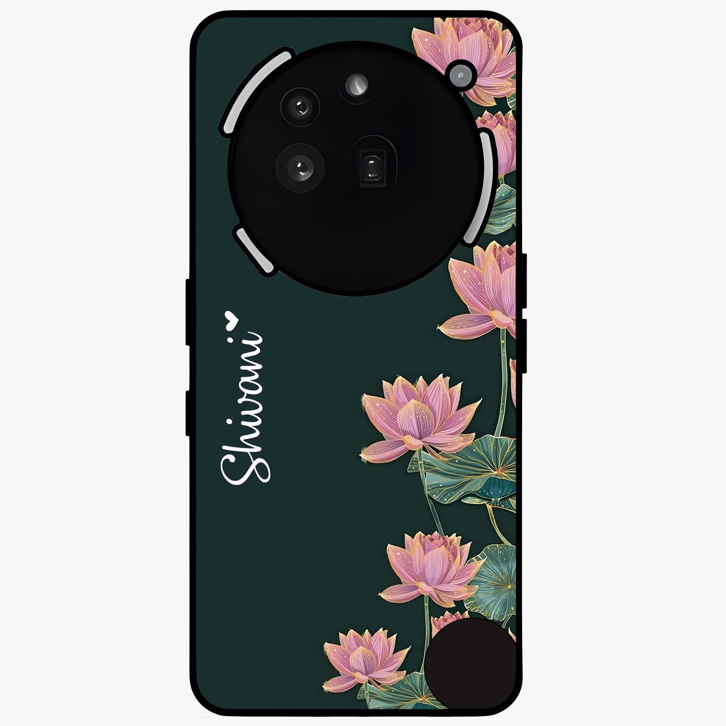 Lotus Bloom Serenity Custom Name Glass Case showing flat back view with elegant lotus flower artwork and personalized name design.