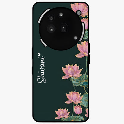 Lotus Bloom Serenity Custom Name Glass Case showing flat back view with elegant lotus flower artwork and personalized name design.
