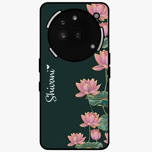 Lotus Bloom Serenity Custom Name Glass Case showing flat back view with elegant lotus flower artwork and personalized name design.
