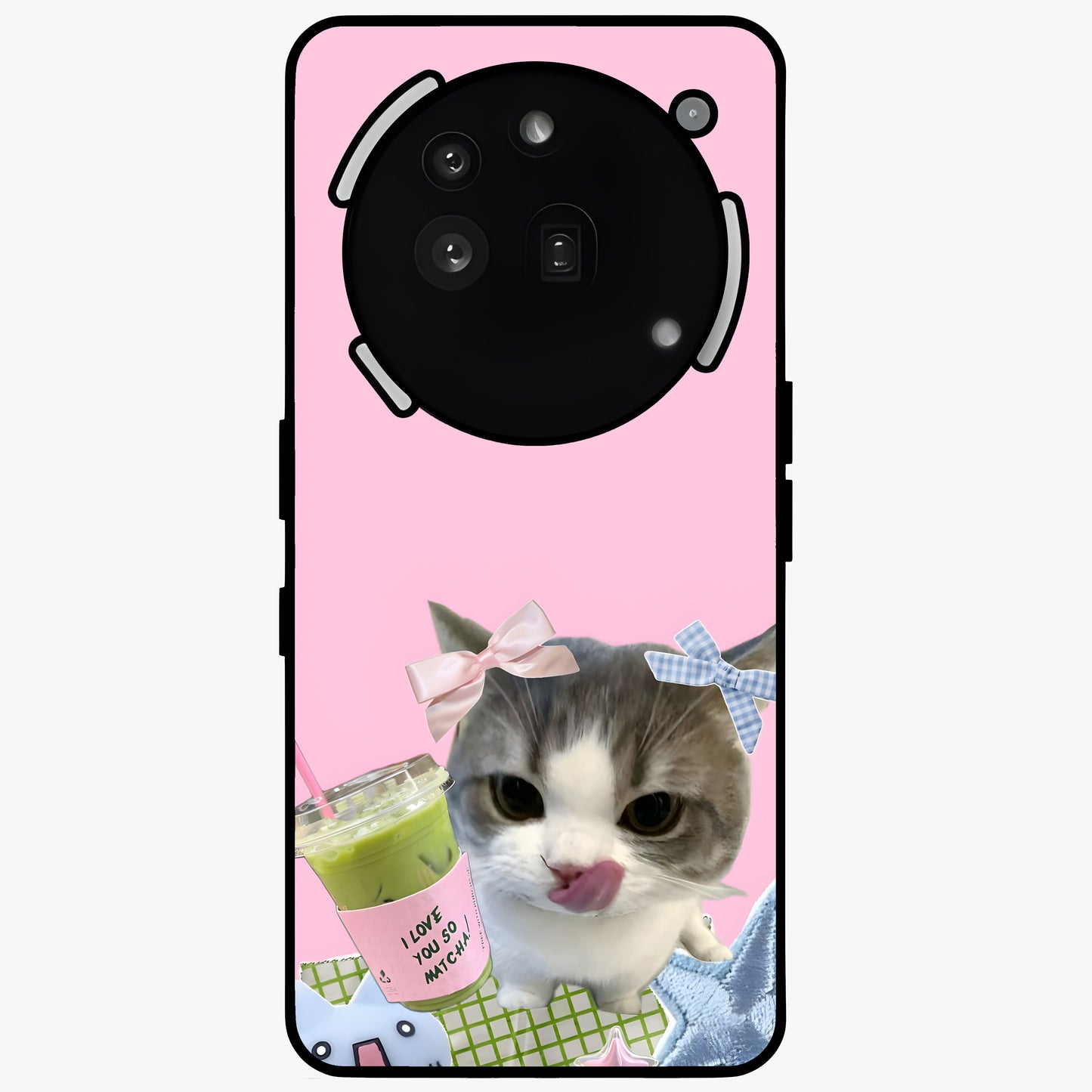 Love Matcha Cat Glass Case showing flat back view with cute cat and matcha themed artwork and glossy glass finish.