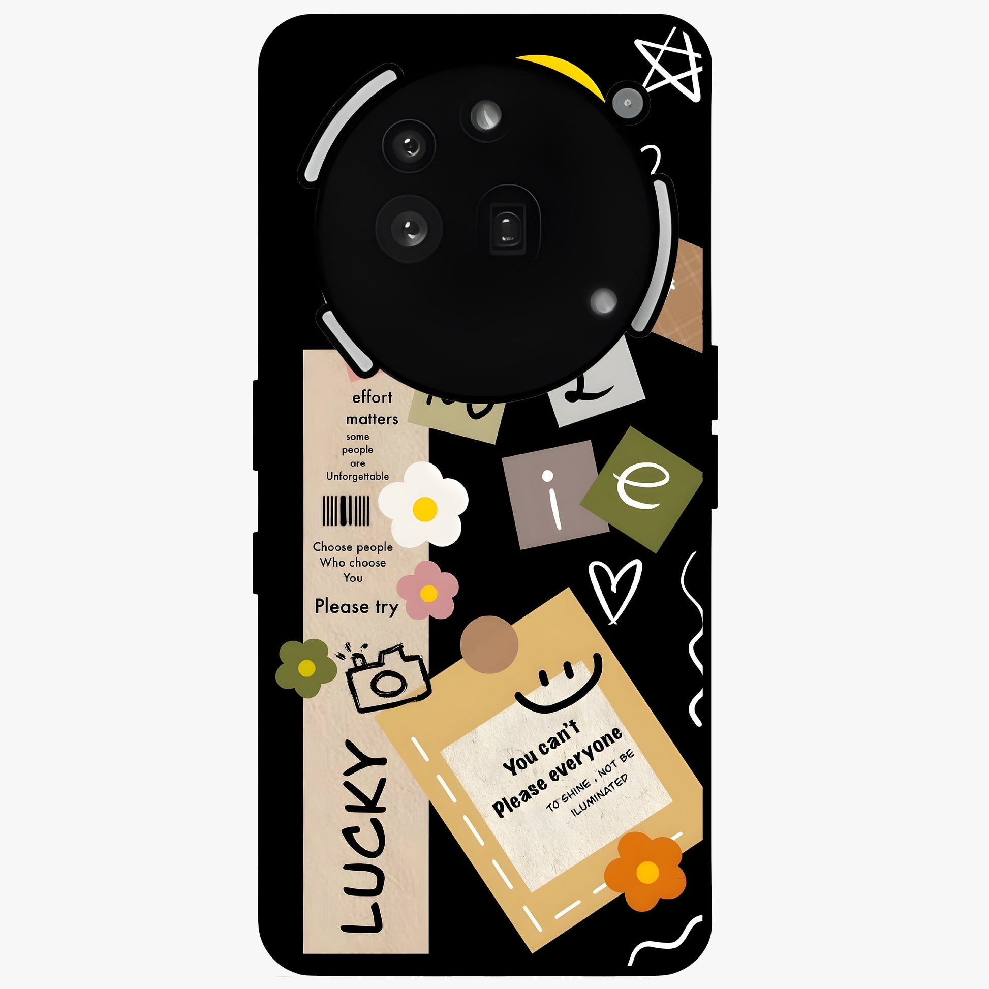 Lucky Aesthetic Collage Glass Case showing flat back view with trendy aesthetic collage artwork and glossy glass finish.