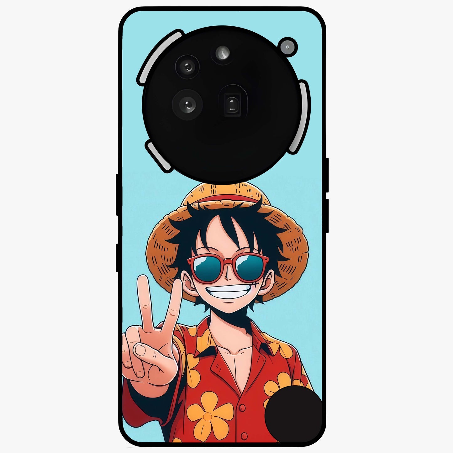 Luffy Summer Anime Vibe Glass Case showing flat back view with vibrant anime character artwork and glossy glass finish.