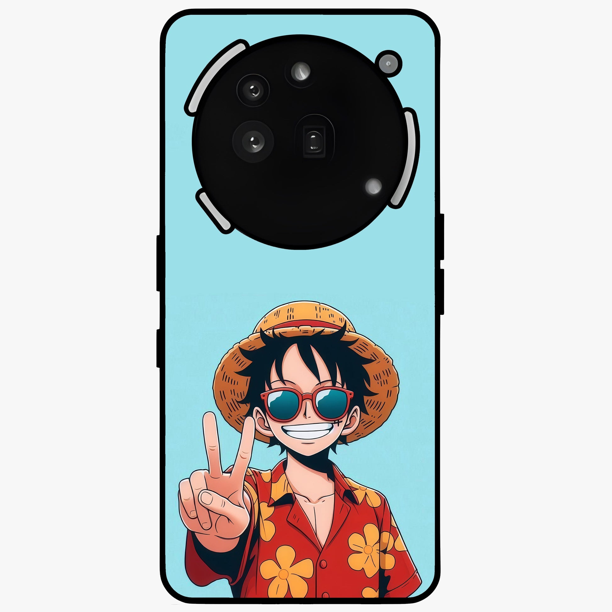 Luffy Summer Anime Vibe Glass Case showing flat back view with vibrant anime character artwork and glossy glass finish.