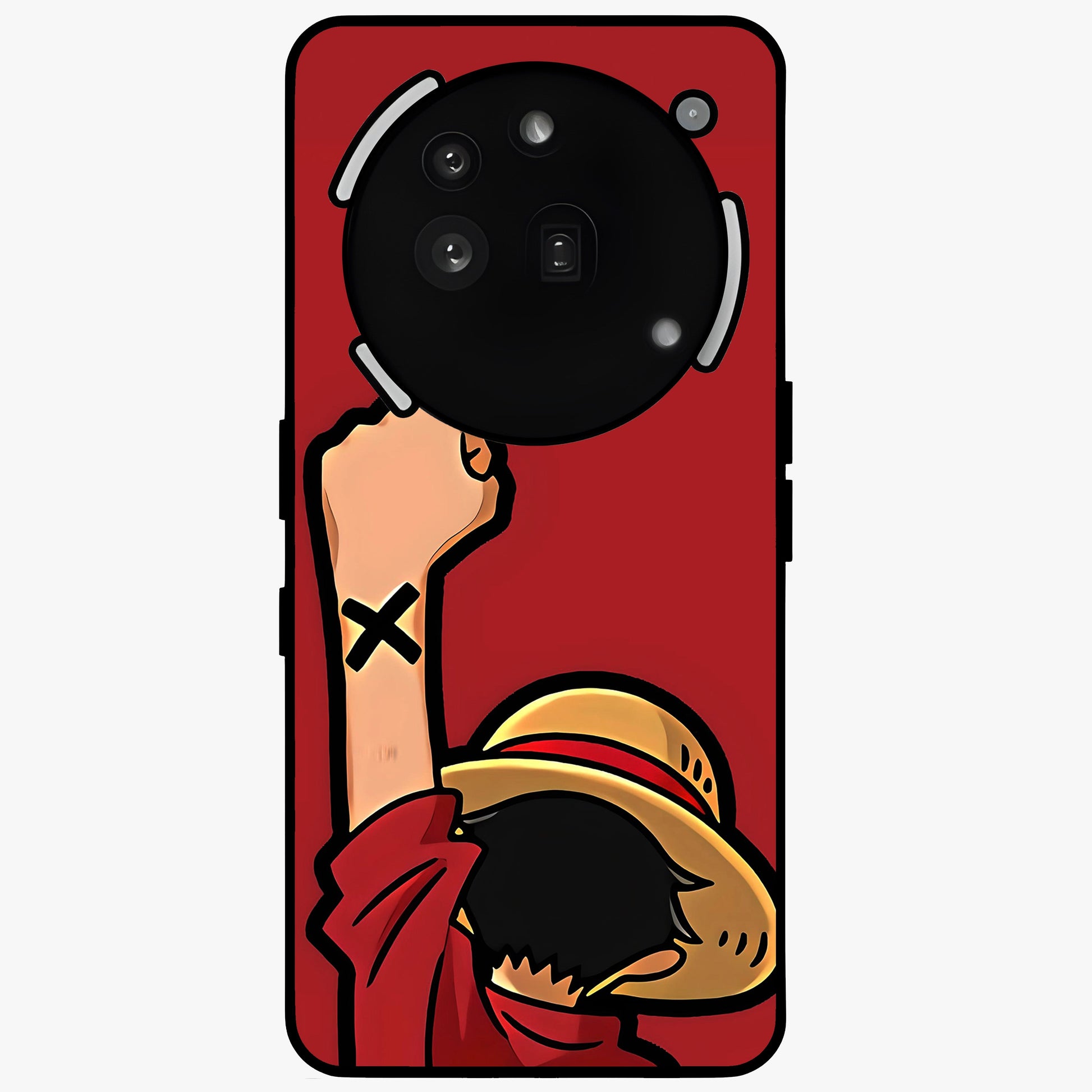 Luffy X Spirit Glass Case showing flat back view with bold anime character artwork and glossy glass finish.