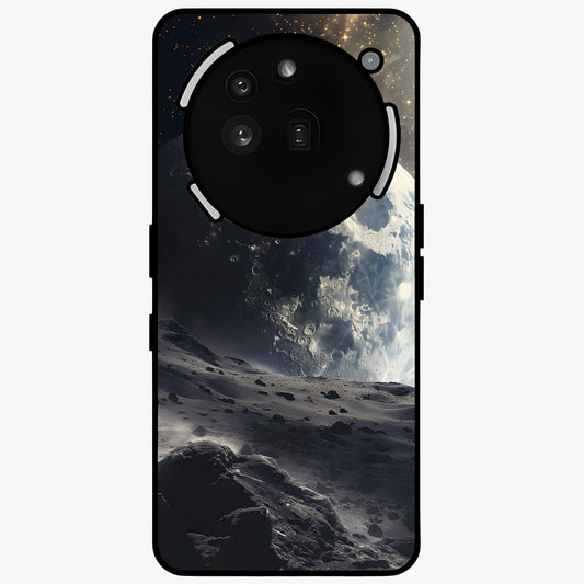 Lunar Horizon Glow Glass Case showing flat back view with glowing moon horizon artwork and glossy glass finish.