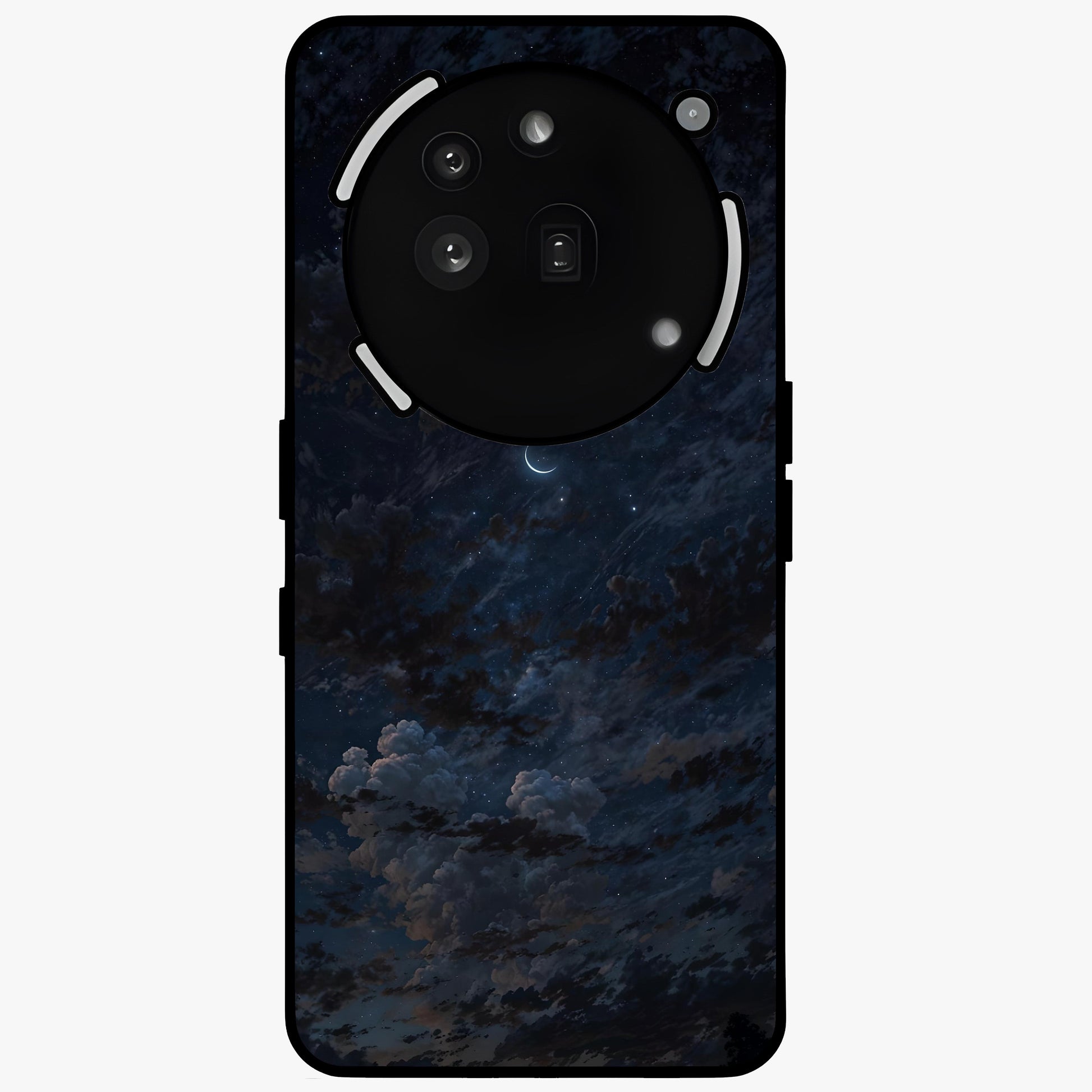 Lunar Veil Silence Glass Case showing flat back view with mystical moon veil artwork and glossy glass finish.