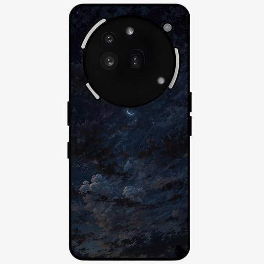 Lunar Veil Silence Glass Case showing flat back view with mystical moon veil artwork and glossy glass finish.