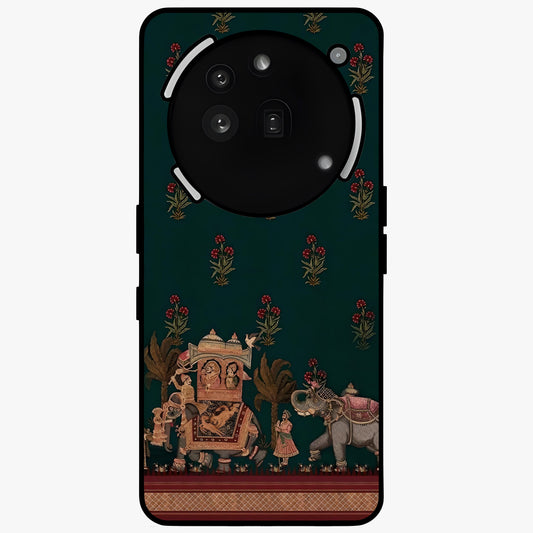 Macmerise Glass Case showing flat back view with stylish modern artwork and glossy glass finish.