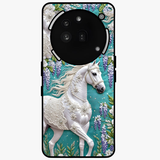 Majestic Floral Stallion Glass Case showing flat back view with powerful horse and floral artwork and glossy glass finish.