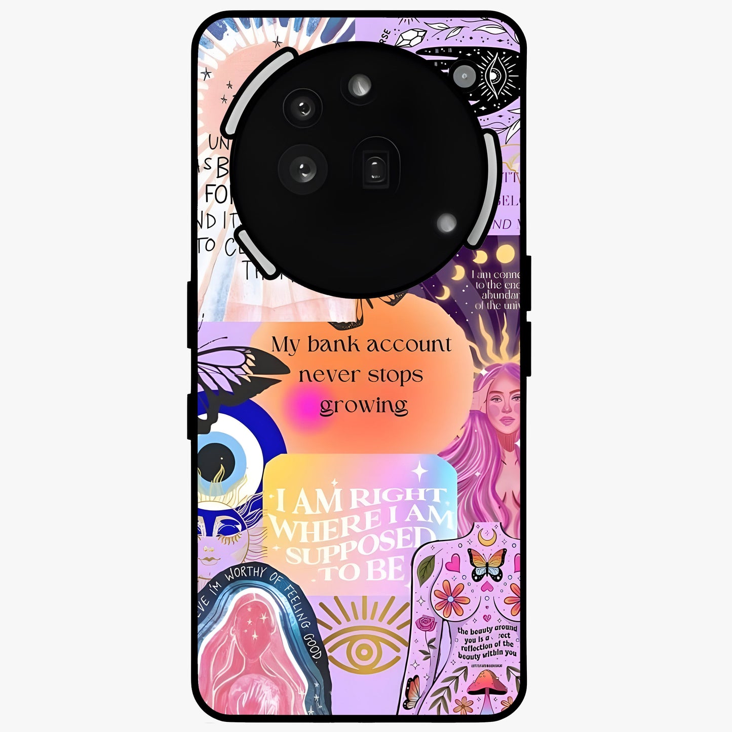Manifestation Collage Glass Case showing flat back view with motivational collage artwork and glossy glass finish.