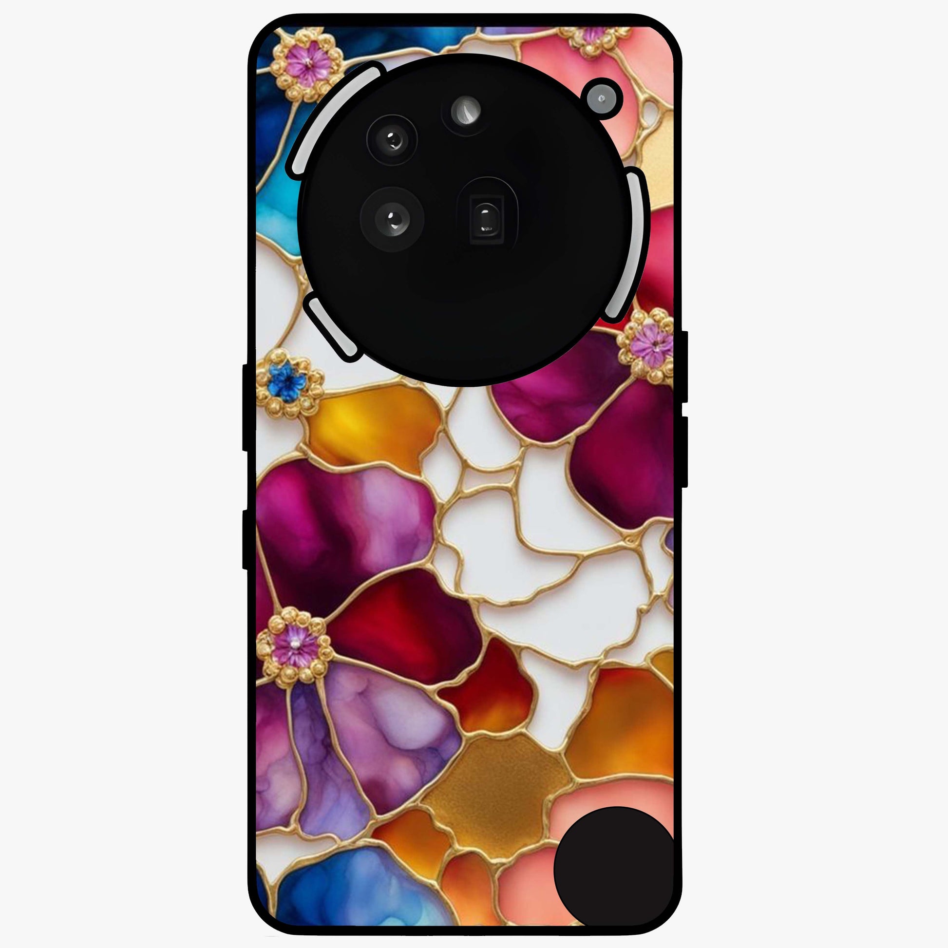 Marble Flower Pattern Glass Case showing flat back view with marble texture floral artwork and glossy glass finish.