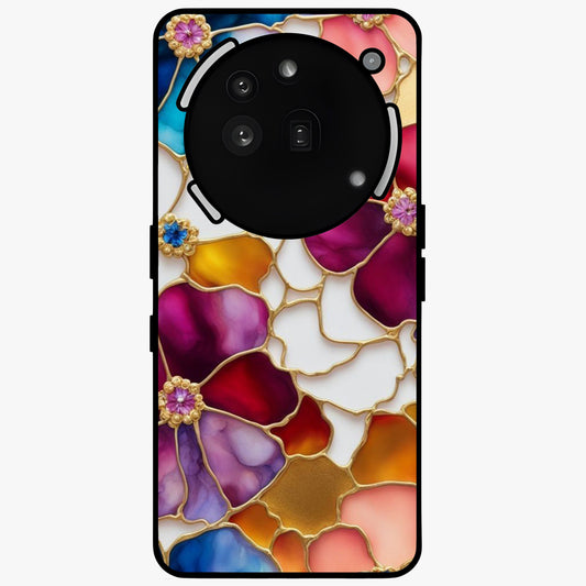 Marble Flower Pattern Glass Case showing flat back view with marble texture floral artwork and glossy glass finish.