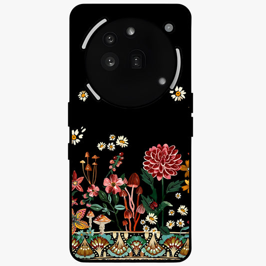 Midnight Bloom Pattern Glass Case showing flat back view with dark floral pattern artwork and glossy glass finish.