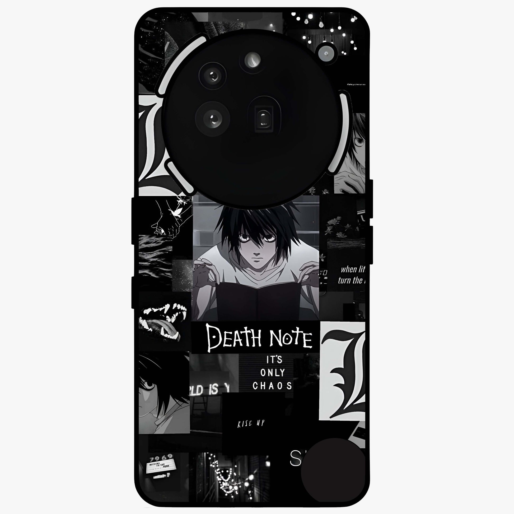 Midnight Chaos Mind Glass Case showing flat back view with abstract dark themed artwork and glossy glass finish.