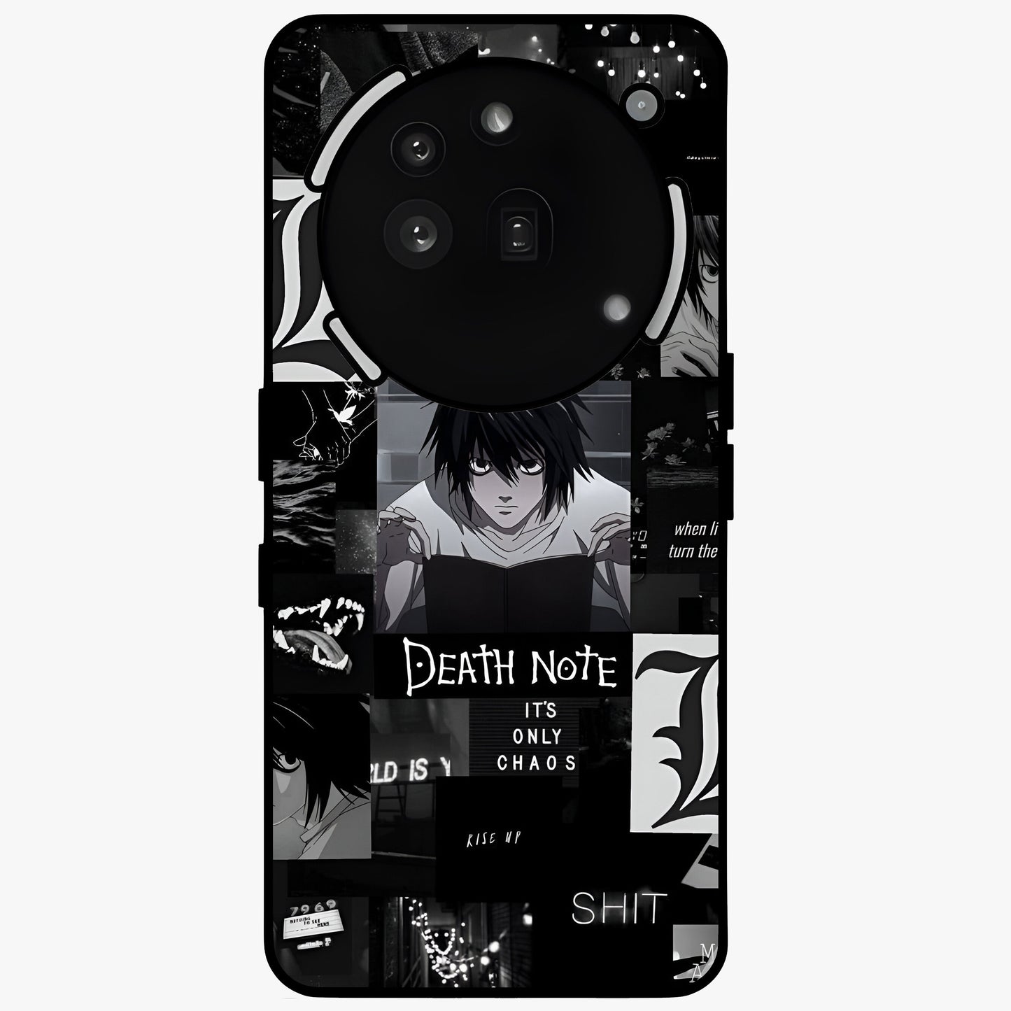 Midnight Chaos Mind Glass Case showing flat back view with abstract dark themed artwork and glossy glass finish.