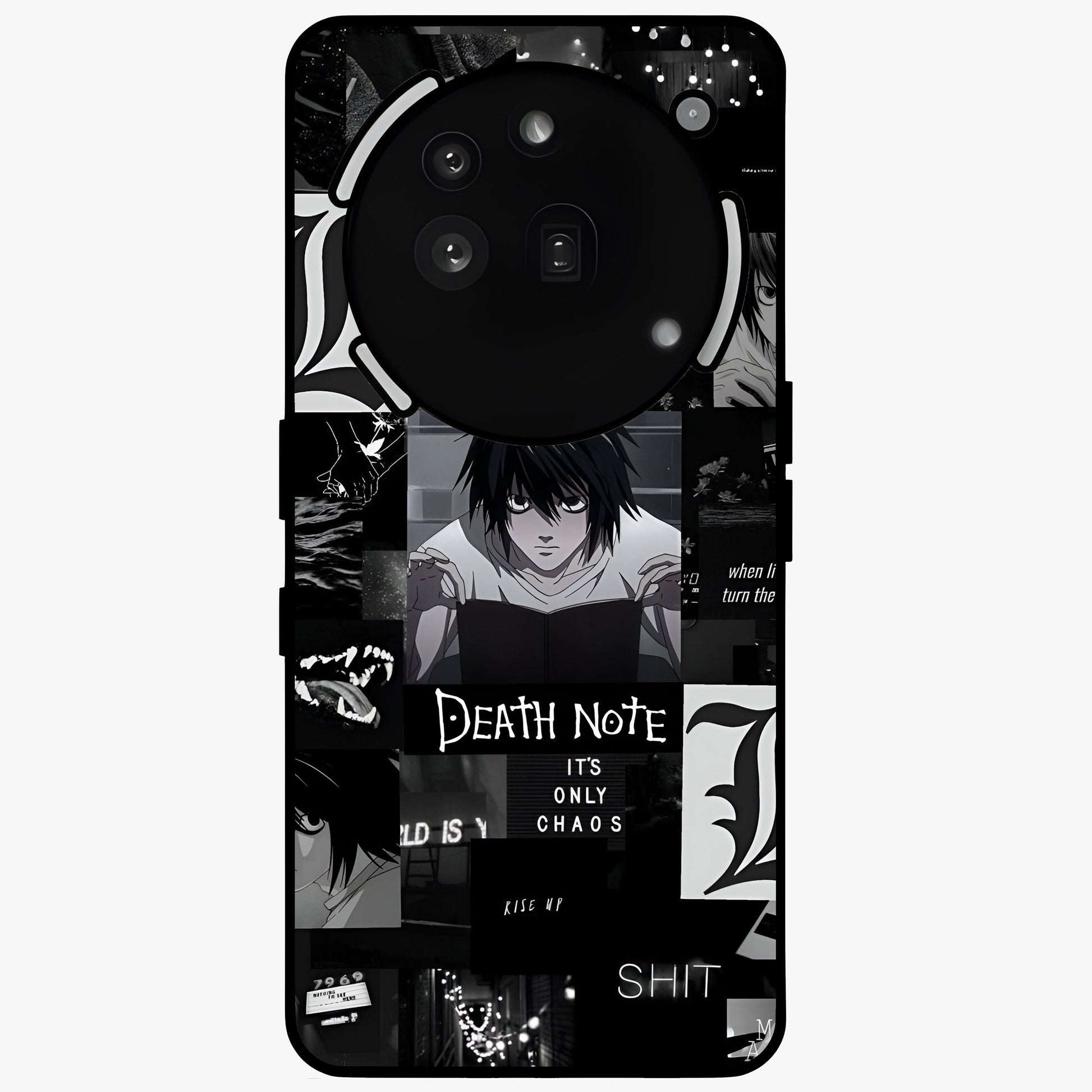 Midnight Chaos Mind Glass Case showing flat back view with abstract dark themed artwork and glossy glass finish.