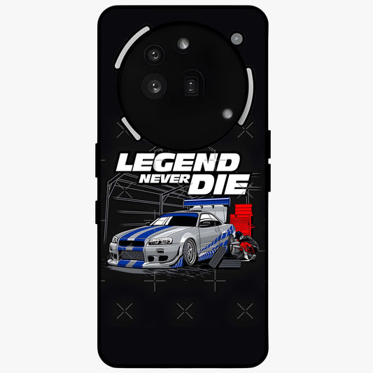 Midnight Racing Legacy Glass Case showing flat back view with sleek racing inspired artwork and glossy glass finish.