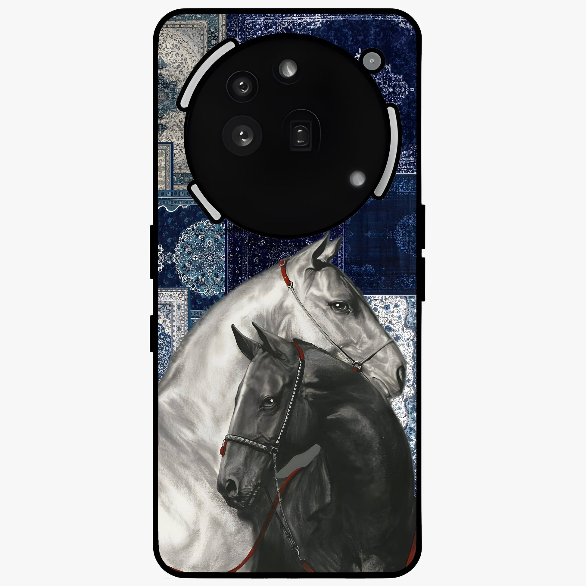 Midnight Stallion Blues Glass Case showing flat back view with majestic horse artwork and glossy glass finish.