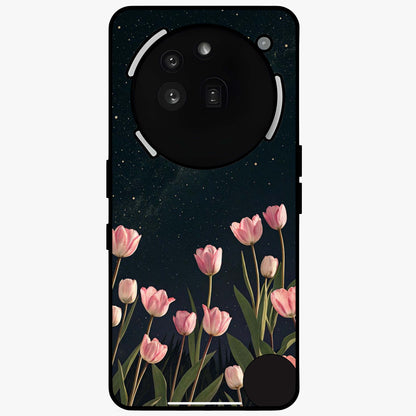 Midnight Tulip Whispers Vibe Glass Case showing flat back view with elegant tulip flower artwork and glossy glass finish.