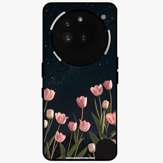 Midnight Tulip Whispers Vibe Glass Case showing flat back view with elegant tulip flower artwork and glossy glass finish.