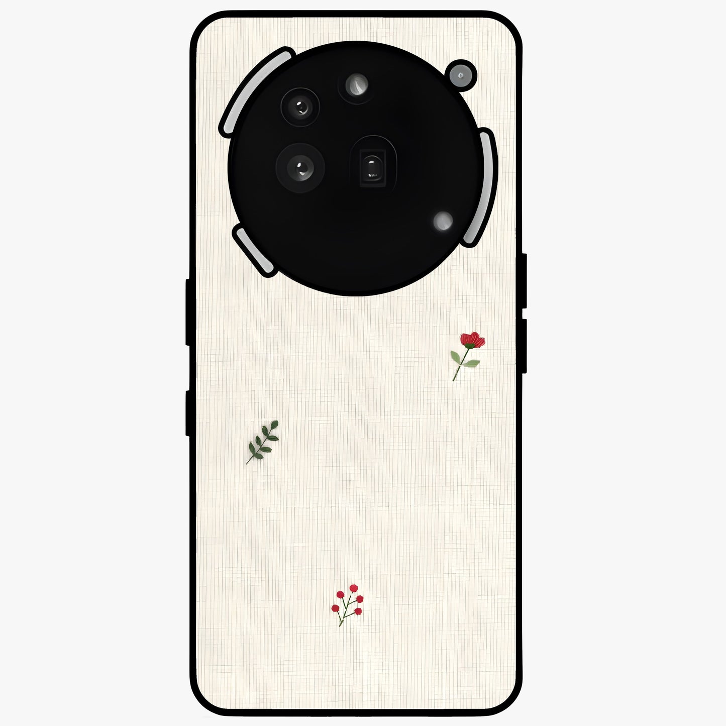 Minimal Petal Whispers Glass Case showing flat back view with soft minimal floral artwork and glossy glass finish.
