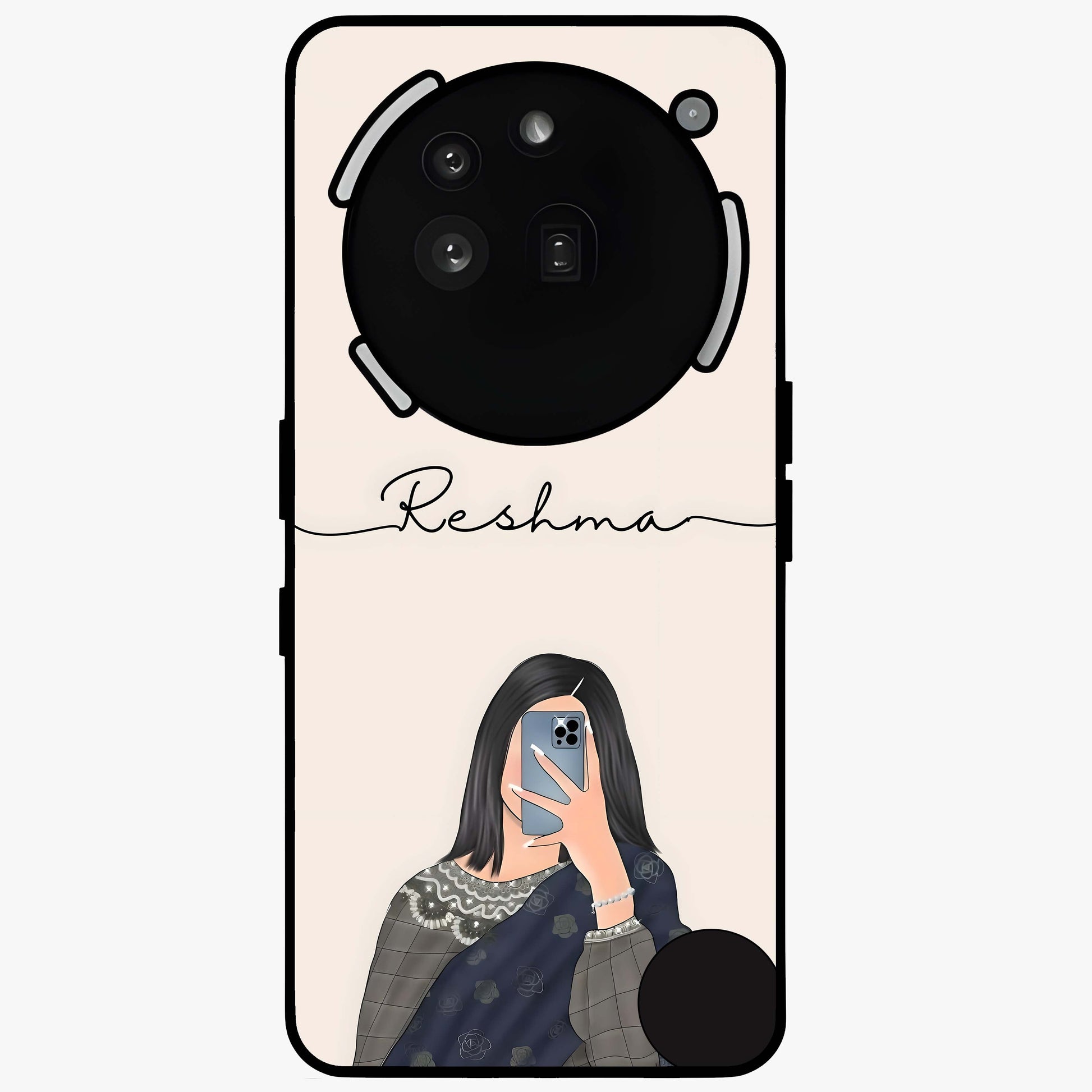 Mirror Mood Muse With Custom Name Glass Case showing flat back view with stylish mirrored artwork and personalized name design.