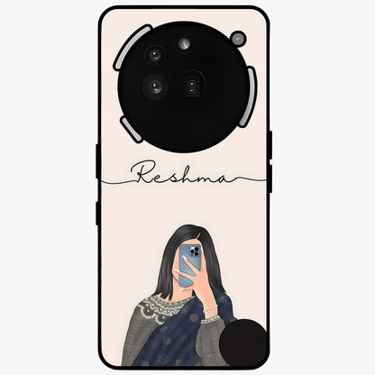 Mirror Mood Muse With Custom Name Glass Case showing flat back view with stylish mirrored artwork and personalized name design.